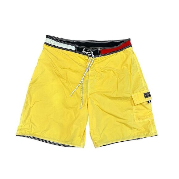 Lot 2 TOMMY HILFIGER mens Y2K yellow Green TOMMY FLAG Swim Trunks Shorts Large - Picture 2 of 12